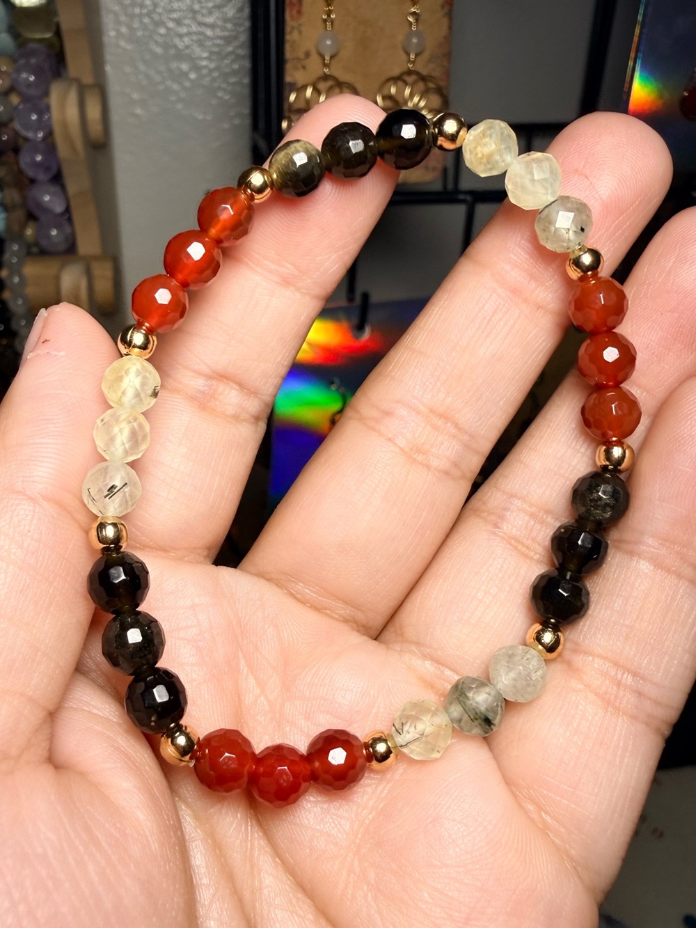 Handmade 6mm Faceted Carnelian Gold Sheen Obsidian & Prehnite Bracelet